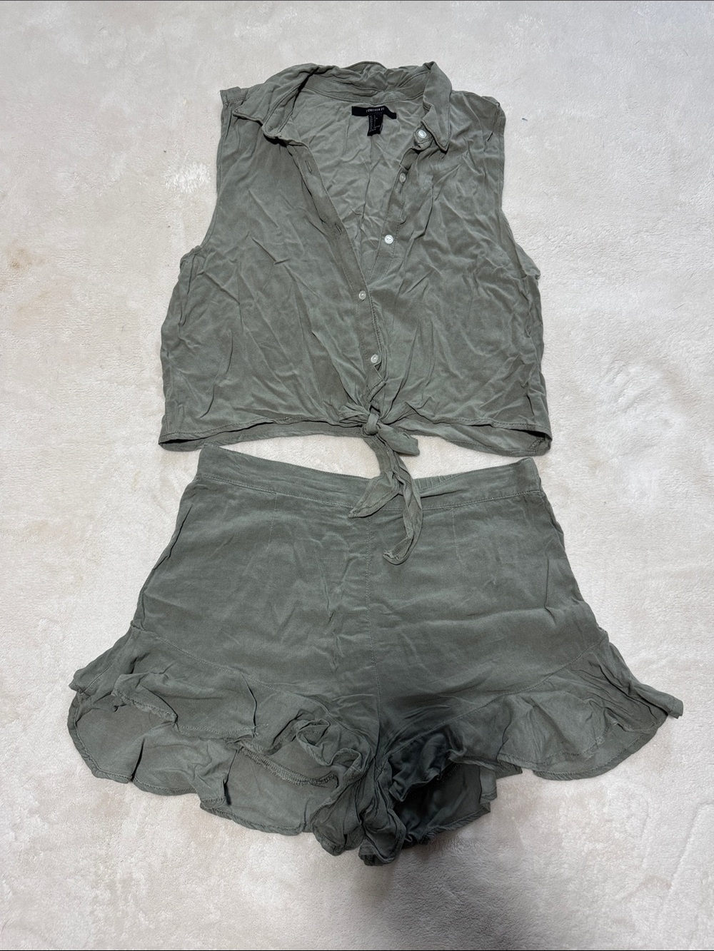 Forever21 Olive Green Sleeveless Tie-Front Top & Ruffle Hem Shorts Set
